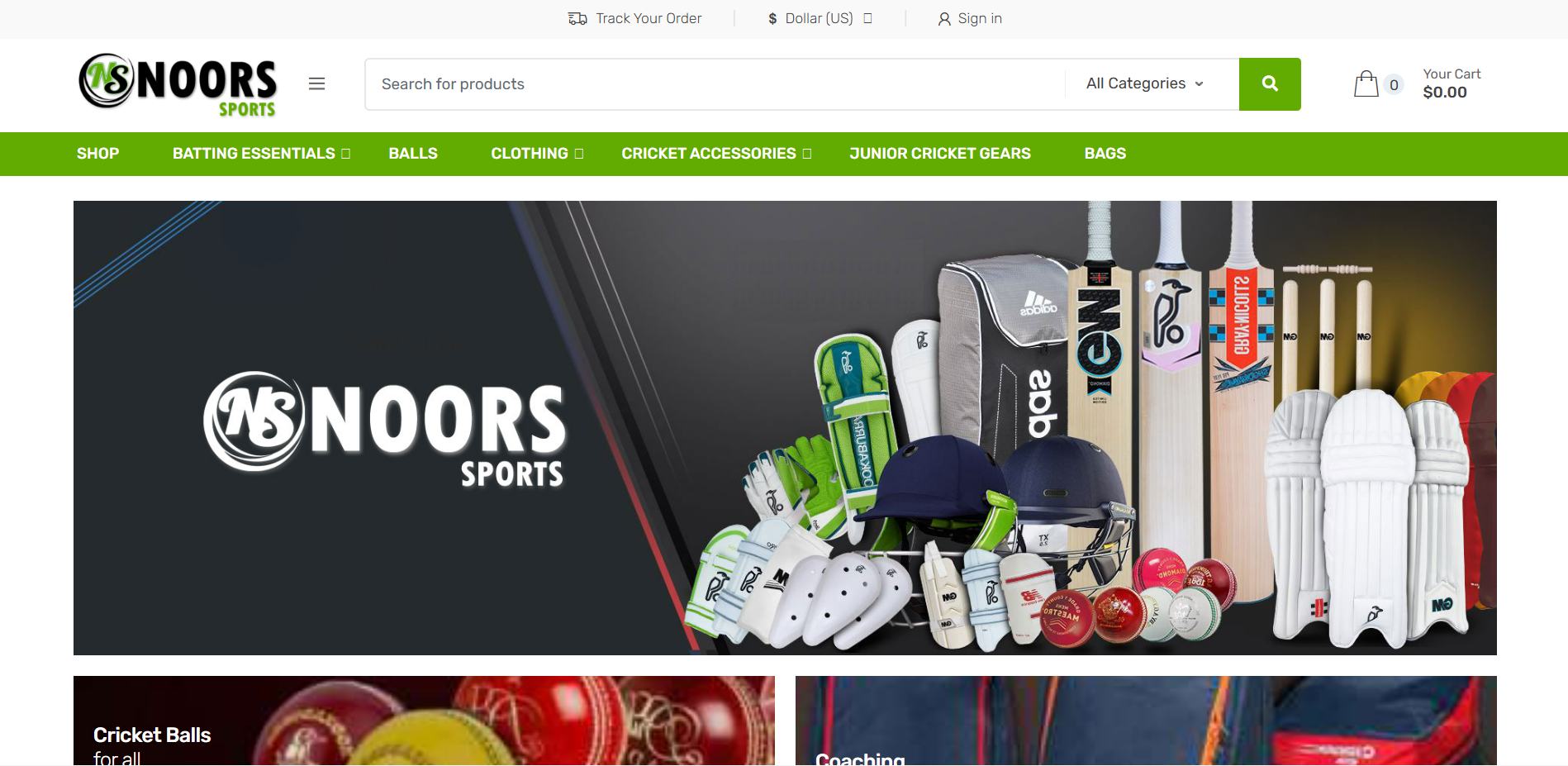 Cricket eCommerce website selling cricket gear and branded products